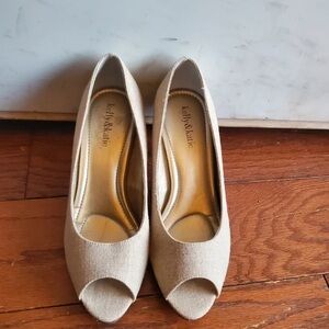 Kelly & Katie Beige Peep Toe Heels